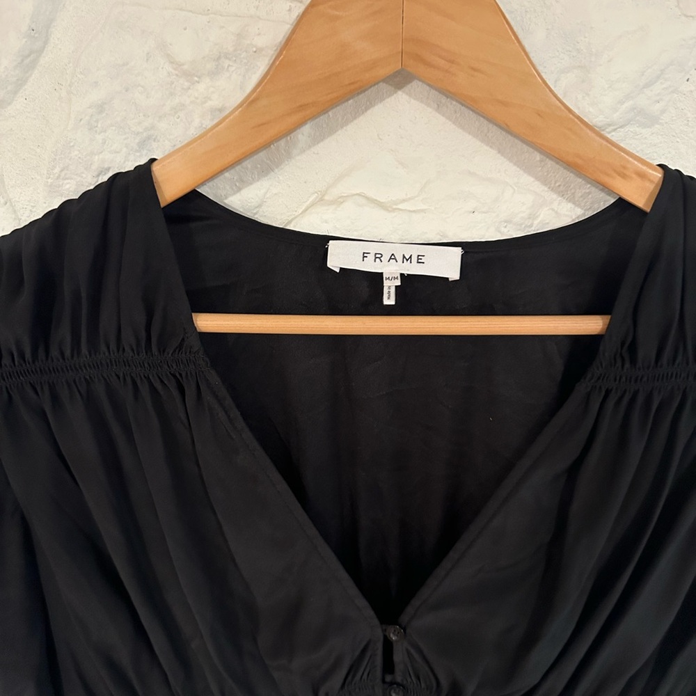 The Frame 100% Silk Black Short Sleeve Blouse with Ruched Button Front - Picture 3 of 6